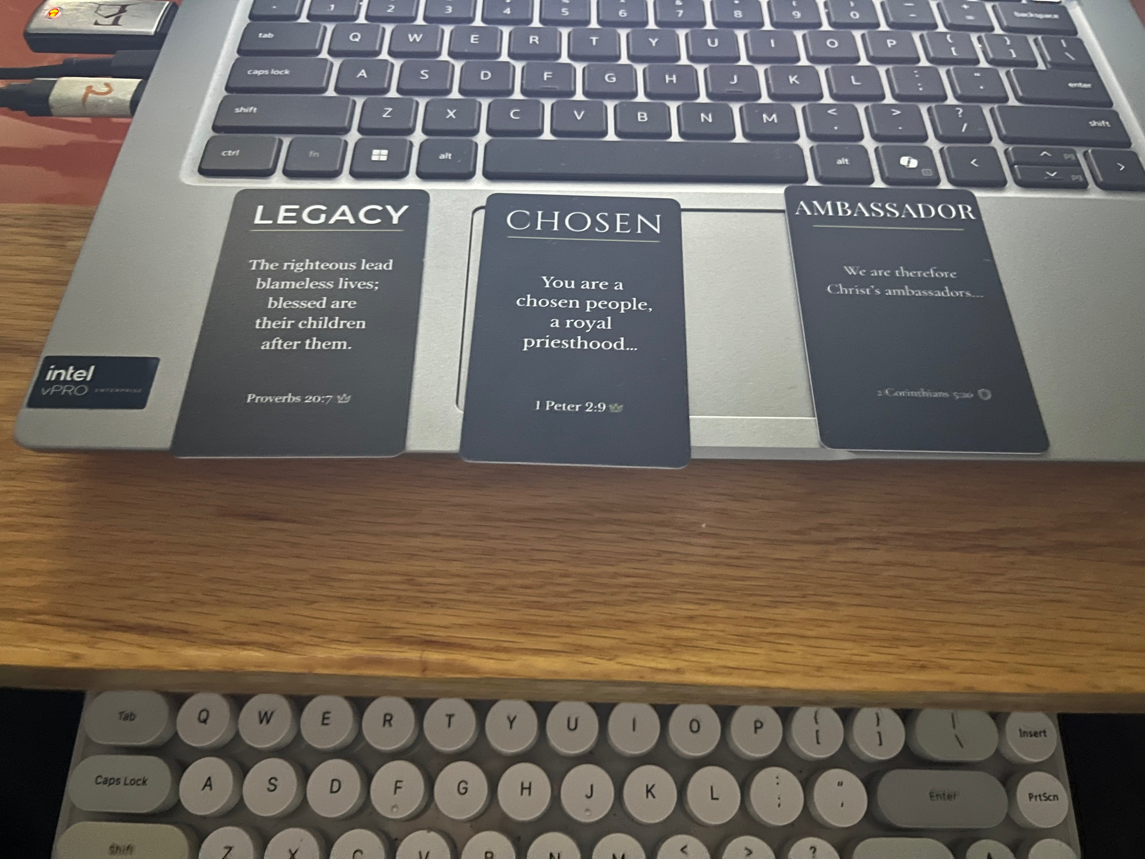 Rooted Scripture cards displayed on standup desk